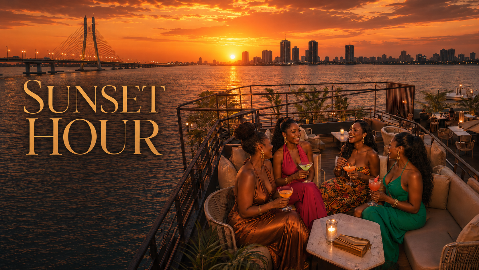 Golden hour cocktails on the SOE waterfront deck